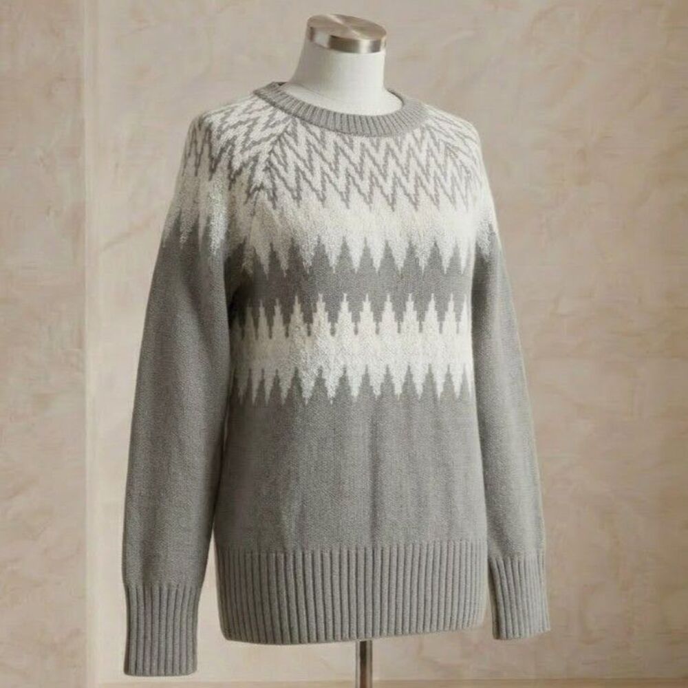Ann Taylor Factory Womens Gray Fair Isle Nordic Sweater L Metallic Crew Pullover - Picture 1 of 8